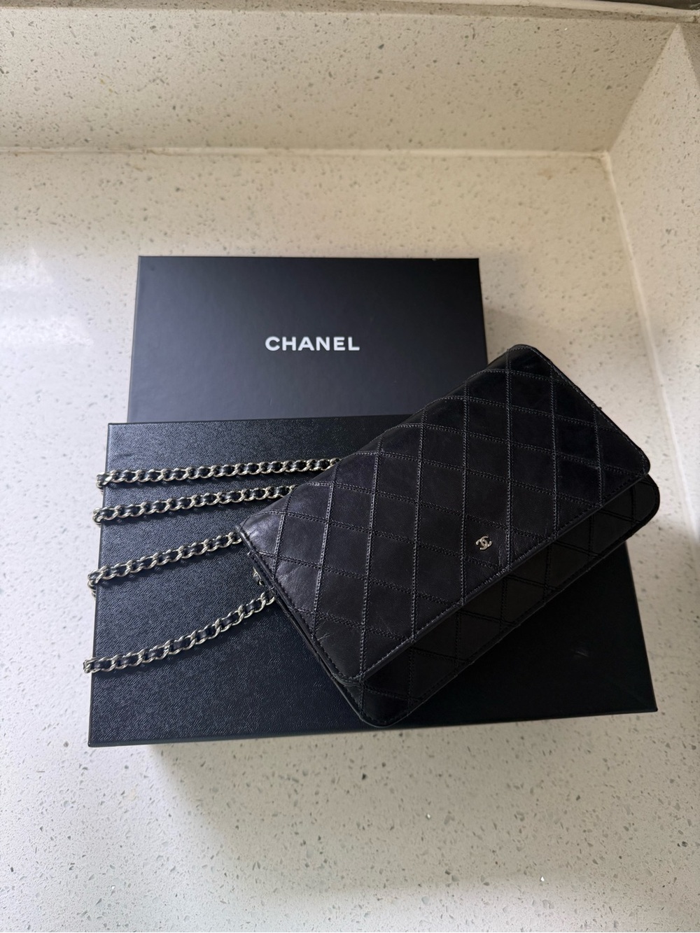 CHANEL Black Quilted Mini Wallet-on-Chain  Bag with Silver Chain